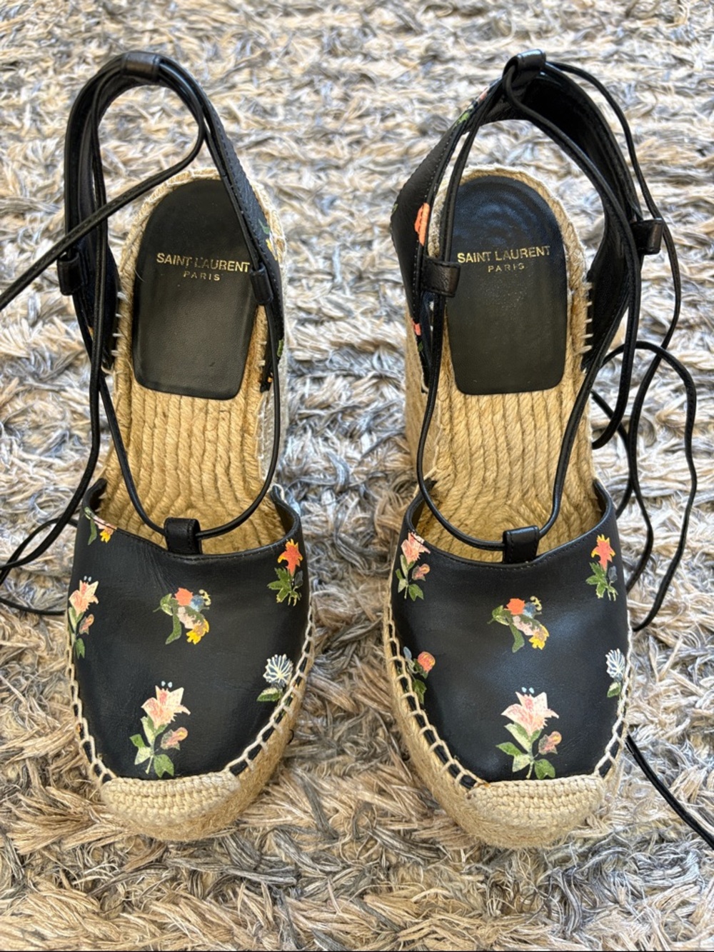 Saint Laurent Natural Raffia Wedges with Black Floral Ties 36 - Picture 9 of 13